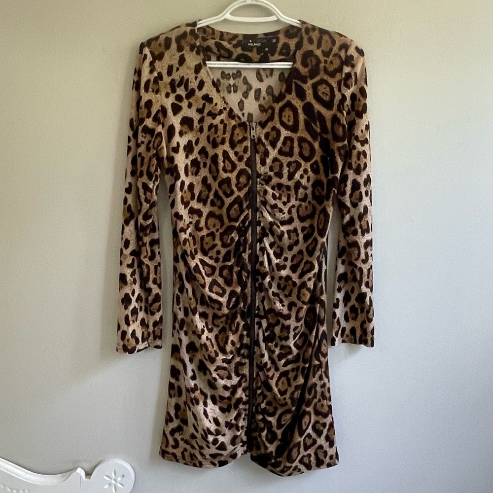 BROWN BLACK CREAM LEOPARD PRINT LOMG SLEEVE DRESS EXPOSED ZIPPER FRONT CLOSURE - Picture 3 of 9